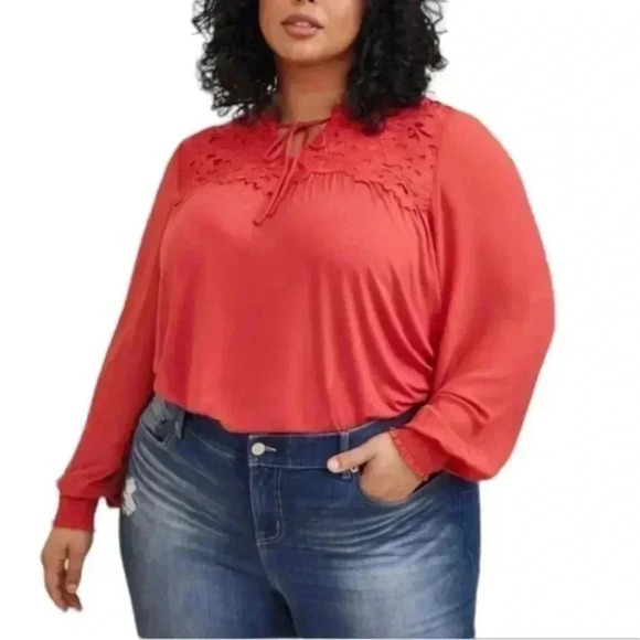 NWT TORRID Super Soft Chiffon Sleeve Lace Inset‎ Tie Detail Top - Picture 1 of 9